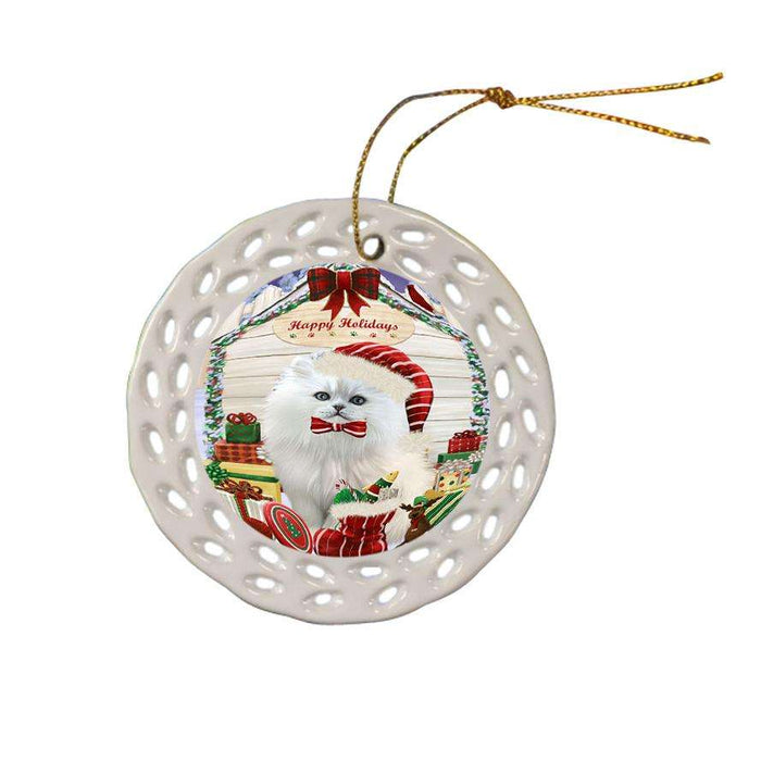Happy Holidays Christmas Persian Cat House With Presents Ceramic Doily Ornament DPOR51479