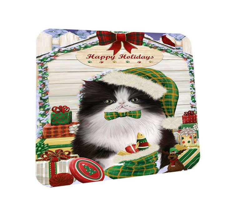 Happy Holidays Christmas Persian Cat House With Presents Coasters Set of 4 CST51435