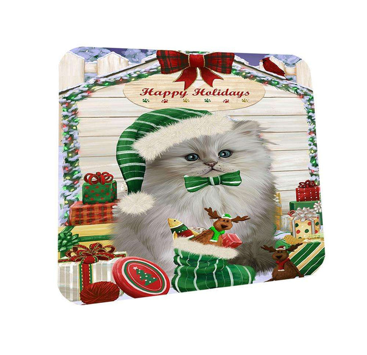 Happy Holidays Christmas Persian Cat House With Presents Coasters Set of 4 CST51436