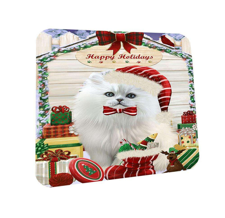 Happy Holidays Christmas Persian Cat House With Presents Coasters Set of 4 CST51438