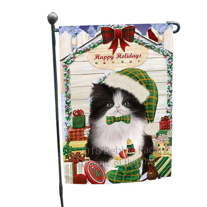 Happy Holidays Christmas Persian Cat House With Presents Garden Flag GFLG51473