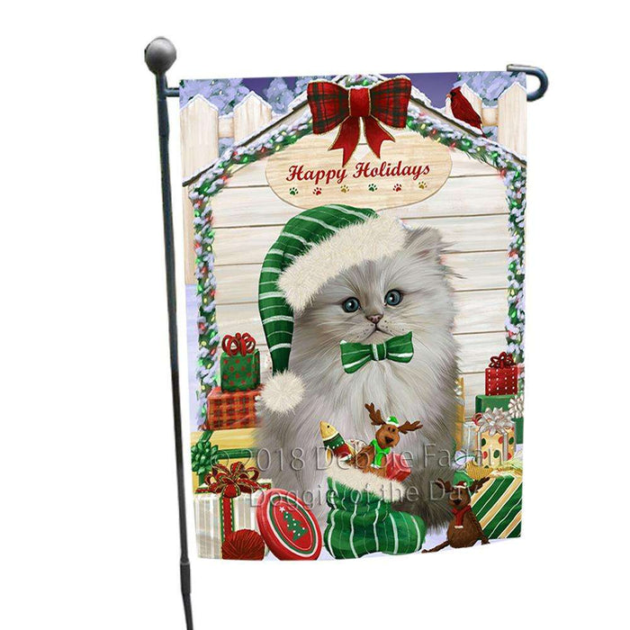 Happy Holidays Christmas Persian Cat House With Presents Garden Flag GFLG51474
