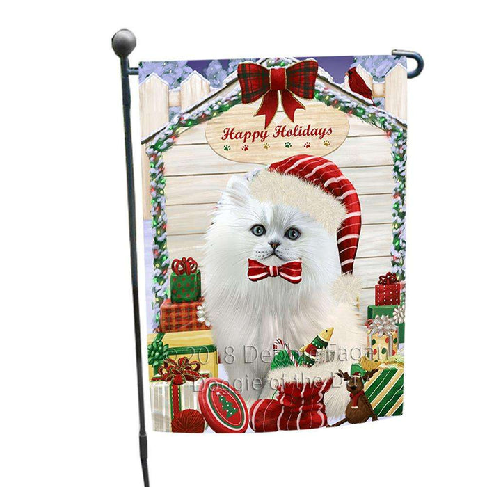 Happy Holidays Christmas Persian Cat House With Presents Garden Flag GFLG51476