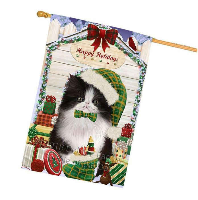 Happy Holidays Christmas Persian Cat House With Presents House Flag FLG51609