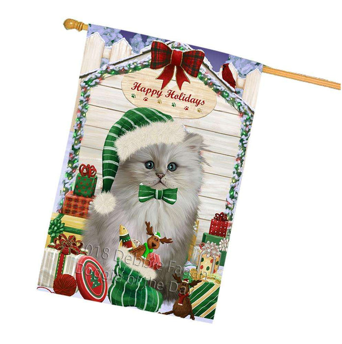 Happy Holidays Christmas Persian Cat House With Presents House Flag FLG51610