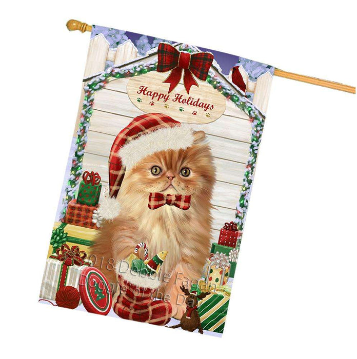 Happy Holidays Christmas Persian Cat House With Presents House Flag FLG51611