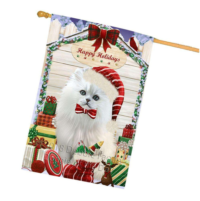 Happy Holidays Christmas Persian Cat House With Presents House Flag FLG51612