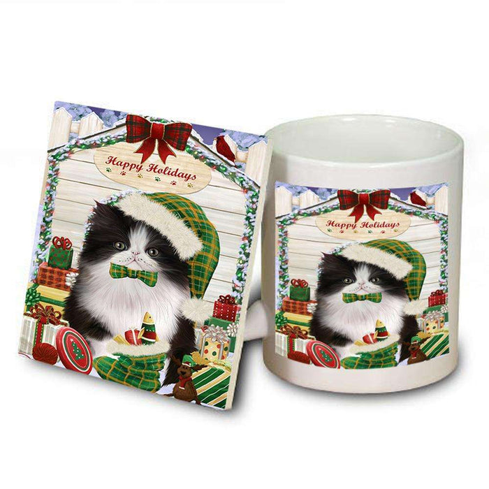 Happy Holidays Christmas Persian Cat House With Presents Mug and Coaster Set MUC51468