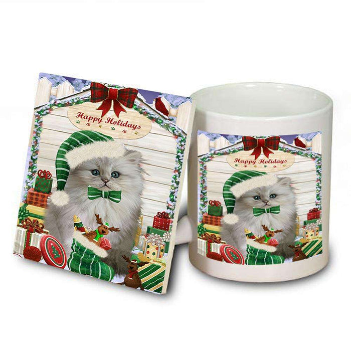 Happy Holidays Christmas Persian Cat House With Presents Mug and Coaster Set MUC51469