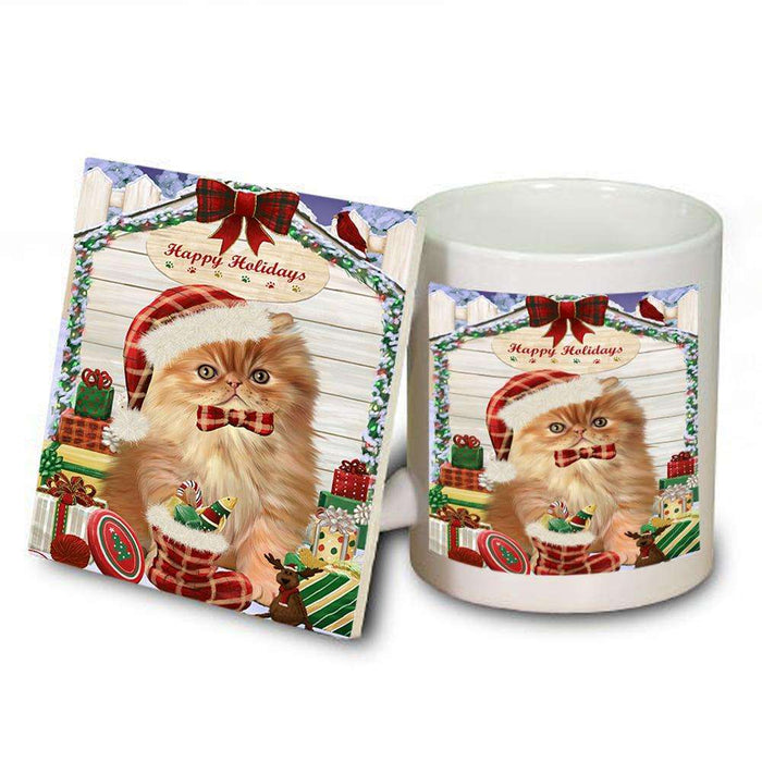 Happy Holidays Christmas Persian Cat House With Presents Mug and Coaster Set MUC51470