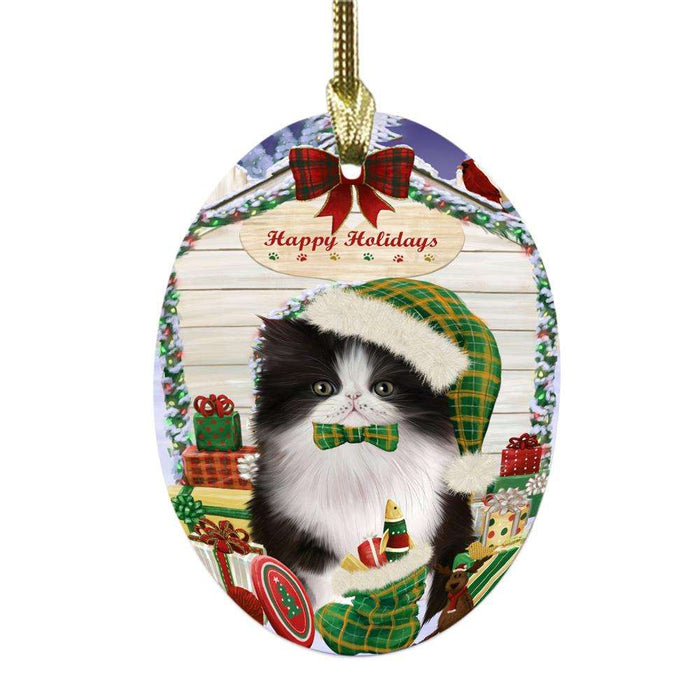 Happy Holidays Christmas Persian Cat House With Presents Oval Glass Christmas Ornament OGOR49910