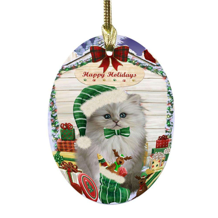 Happy Holidays Christmas Persian Cat House With Presents Oval Glass Christmas Ornament OGOR49911