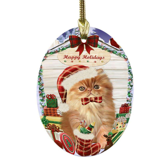 Happy Holidays Christmas Persian Cat House With Presents Oval Glass Christmas Ornament OGOR49912