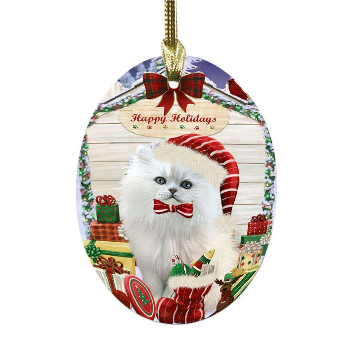 Happy Holidays Christmas Persian Cat House With Presents Oval Glass Christmas Ornament OGOR49913