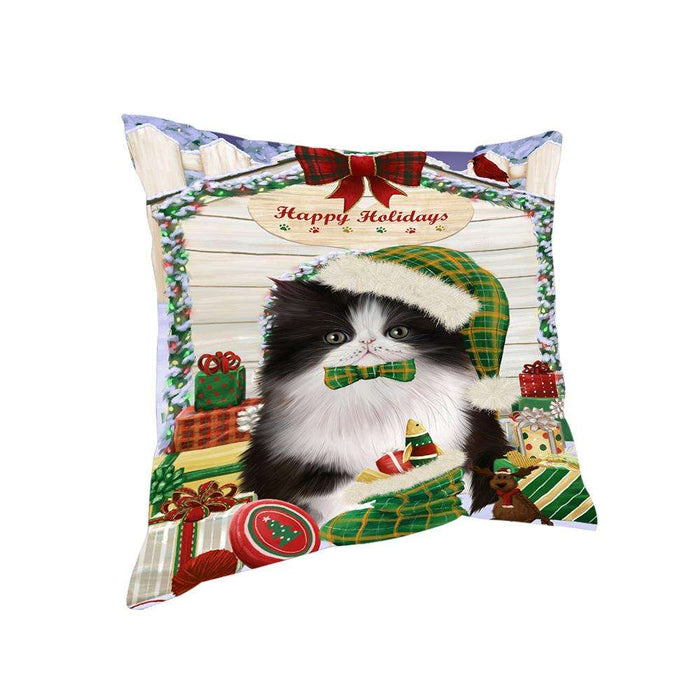 Happy Holidays Christmas Persian Cat House With Presents Pillow PIL62268