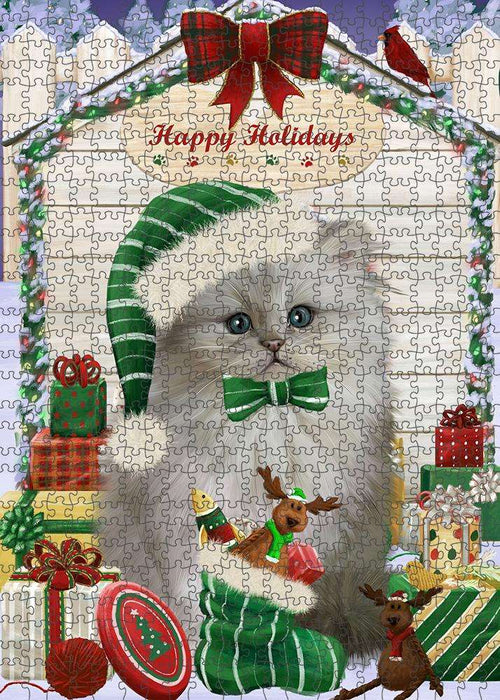 Happy Holidays Christmas Persian Cat House With Presents Puzzle with Photo Tin PUZL58518