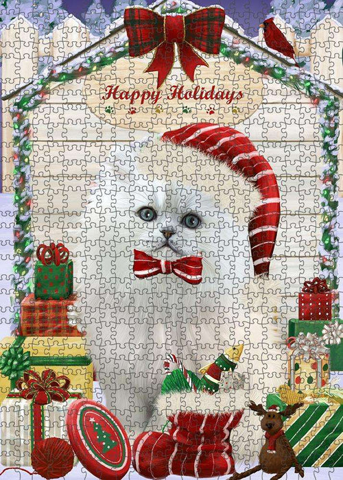 Happy Holidays Christmas Persian Cat House With Presents Puzzle with Photo Tin PUZL58524