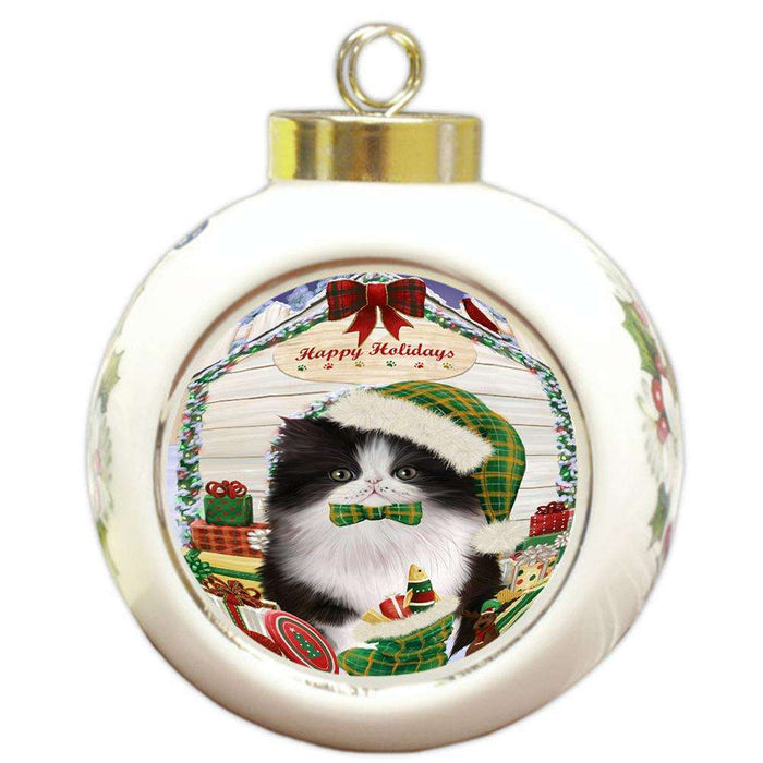 Happy Holidays Christmas Persian Cat House With Presents Round Ball Christmas Ornament RBPOR51476