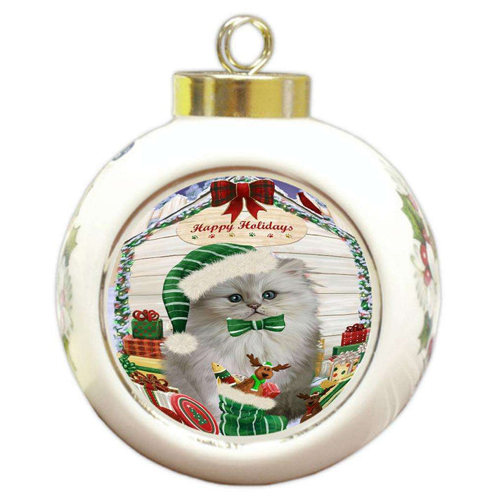 Happy Holidays Christmas Persian Cat House With Presents Round Ball Christmas Ornament RBPOR51477