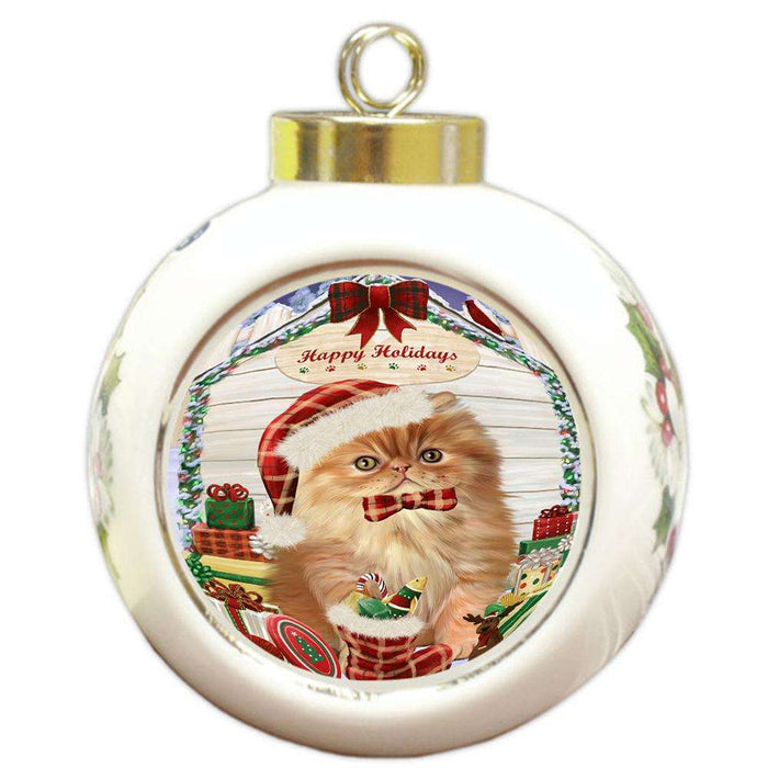 Happy Holidays Christmas Persian Cat House With Presents Round Ball Christmas Ornament RBPOR51478