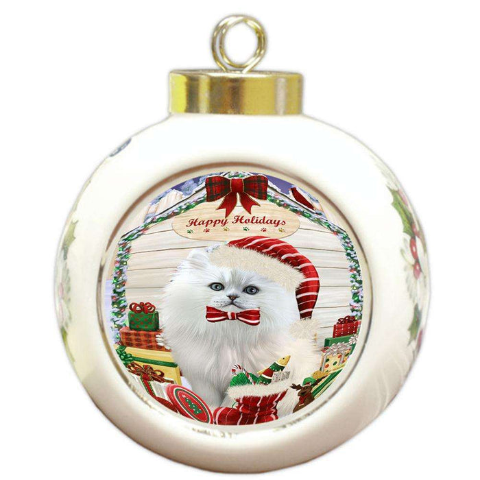 Happy Holidays Christmas Persian Cat House With Presents Round Ball Christmas Ornament RBPOR51479
