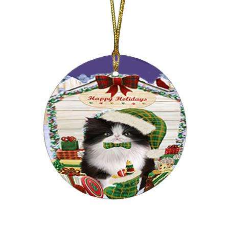 Happy Holidays Christmas Persian Cat House With Presents Round Flat Christmas Ornament RFPOR51467