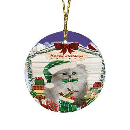 Happy Holidays Christmas Persian Cat House With Presents Round Flat Christmas Ornament RFPOR51468