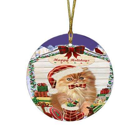 Happy Holidays Christmas Persian Cat House With Presents Round Flat Christmas Ornament RFPOR51469