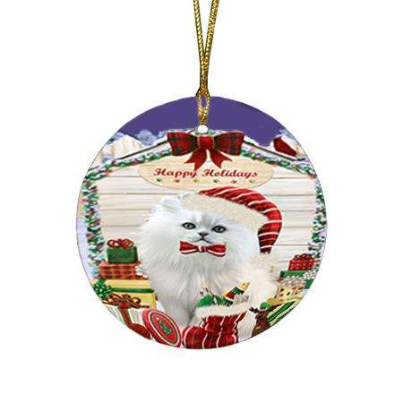 Happy Holidays Christmas Persian Cat House With Presents Round Flat Christmas Ornament RFPOR51470