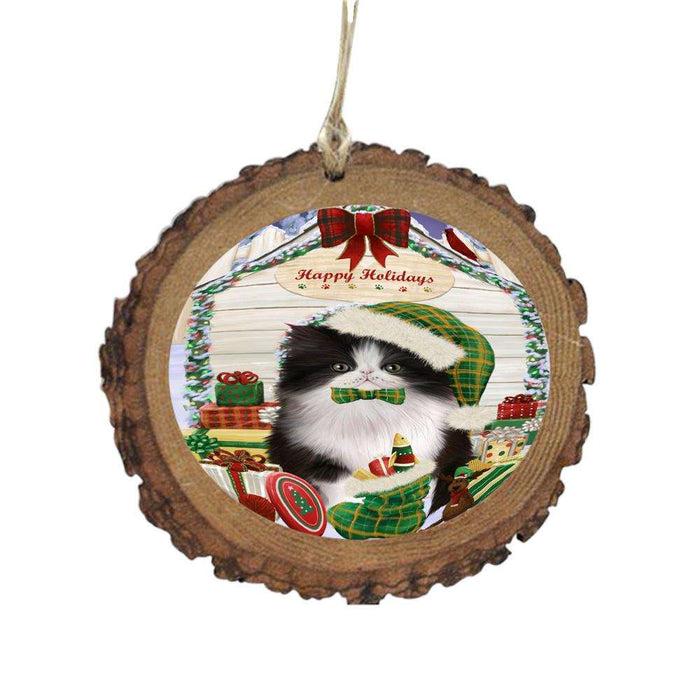 Happy Holidays Christmas Persian Cat House With Presents Wooden Christmas Ornament WOR49910