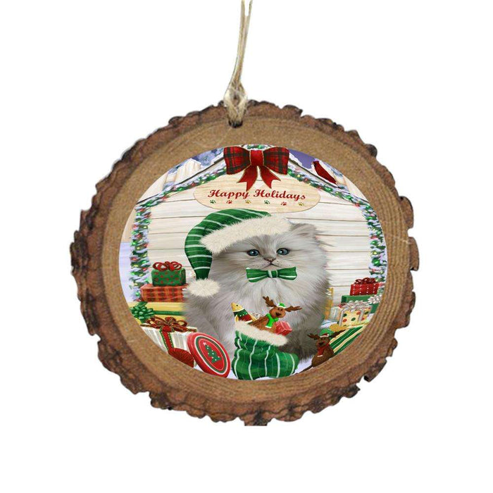 Happy Holidays Christmas Persian Cat House With Presents Wooden Christmas Ornament WOR49911
