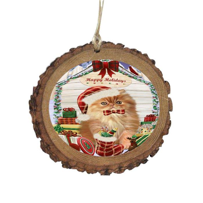 Happy Holidays Christmas Persian Cat House With Presents Wooden Christmas Ornament WOR49912
