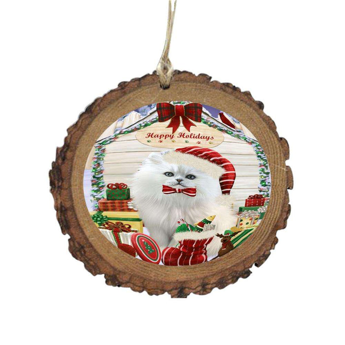 Happy Holidays Christmas Persian Cat House With Presents Wooden Christmas Ornament WOR49913