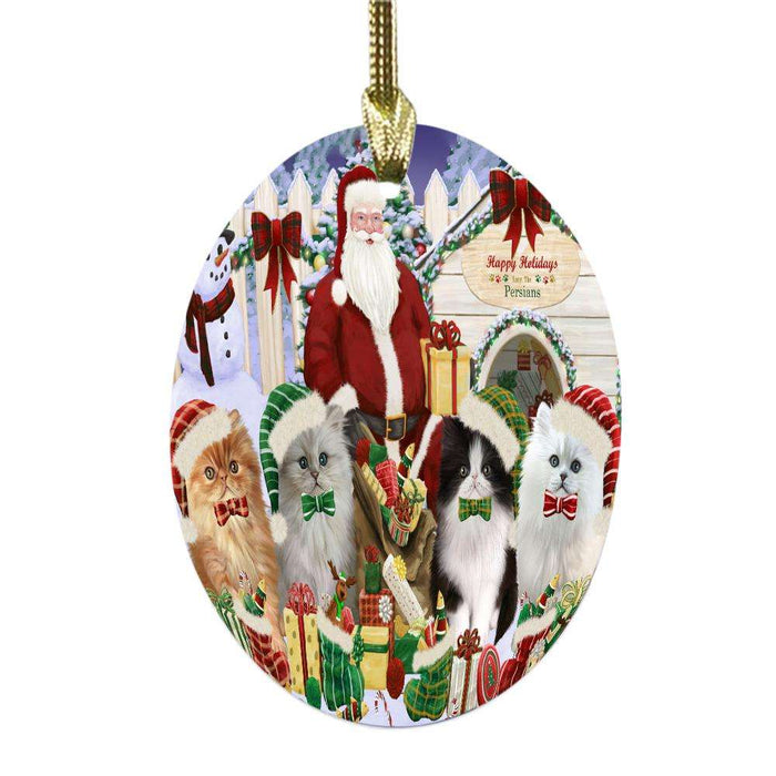 Happy Holidays Christmas Persian Cats House Gathering Oval Glass Christmas Ornament OGOR49714