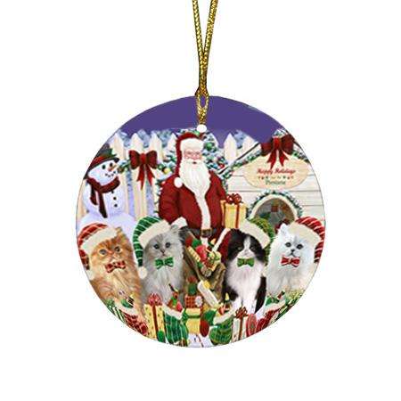 Happy Holidays Christmas Persian Cats House Gathering Round Flat Christmas Ornament RFPOR51450