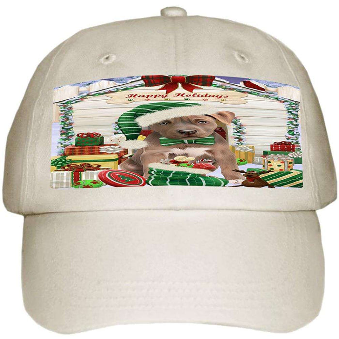 Happy Holidays Christmas Pit Bull Dog House With Presents Ball Hat Cap HAT60240