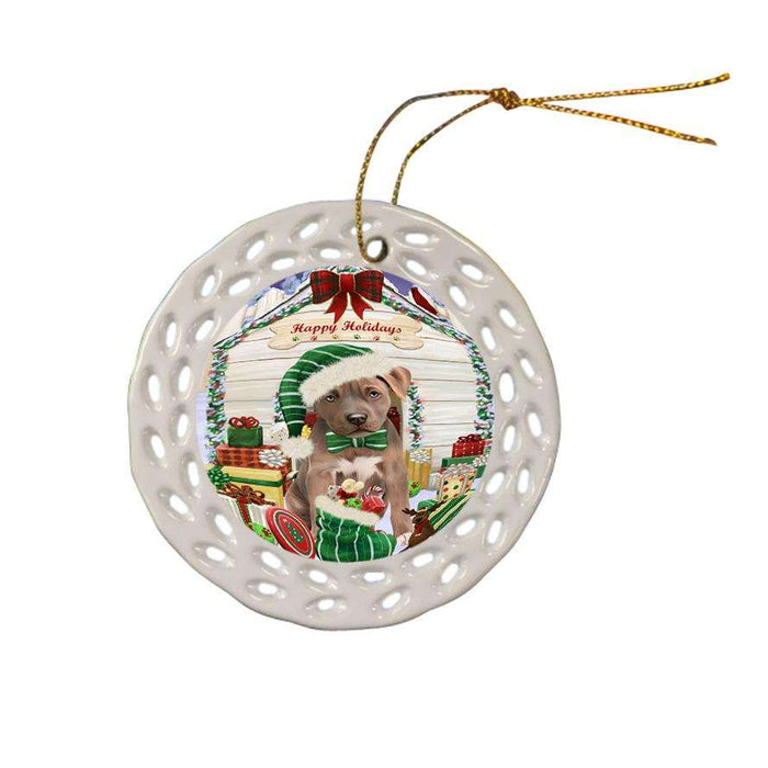 Happy Holidays Christmas Pit Bull Dog House With Presents Ceramic Doily Ornament DPOR52117