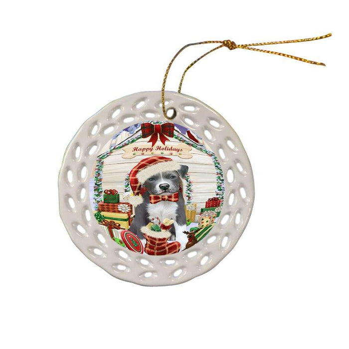 Happy Holidays Christmas Pit Bull Dog House With Presents Ceramic Doily Ornament DPOR52118