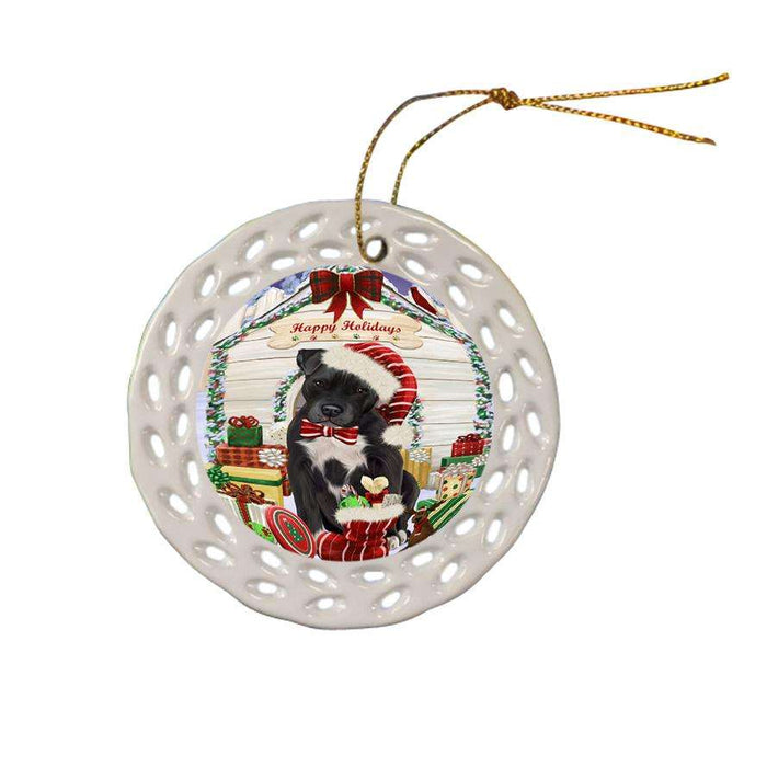 Happy Holidays Christmas Pit Bull Dog House With Presents Ceramic Doily Ornament DPOR52119