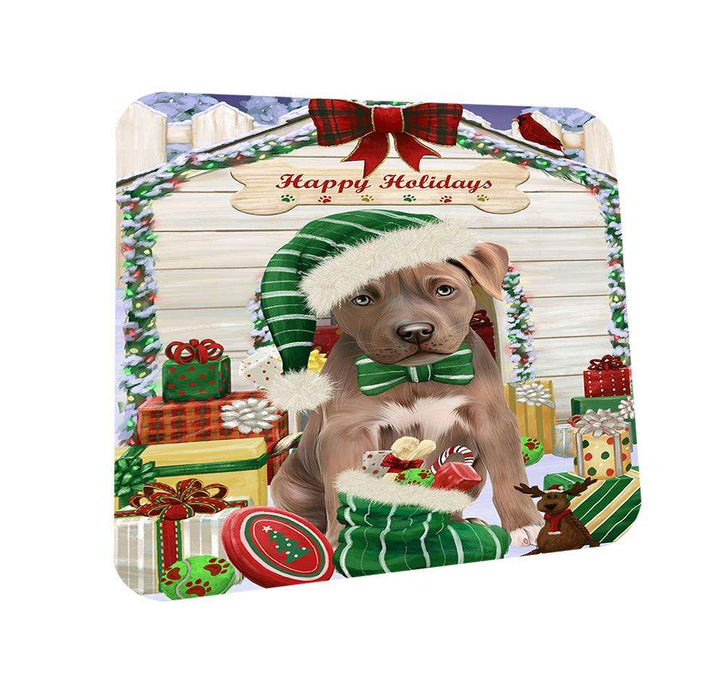 Happy Holidays Christmas Pit Bull Dog House With Presents Coasters Set of 4 CST52076