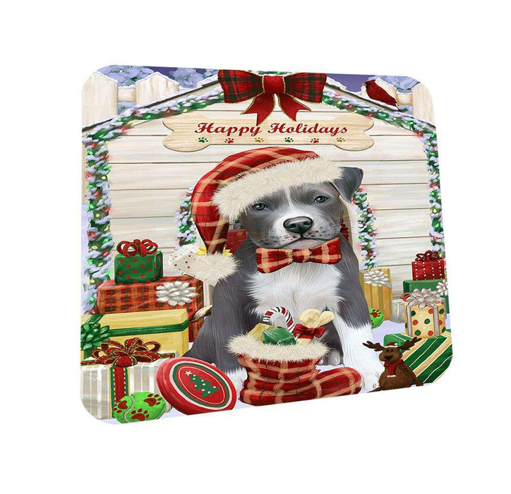 Happy Holidays Christmas Pit Bull Dog House With Presents Coasters Set of 4 CST52077