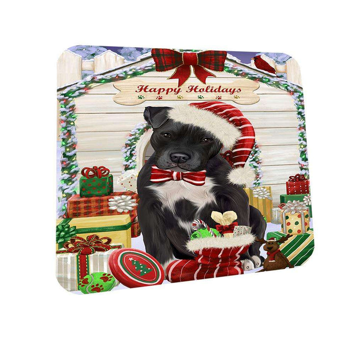 Happy Holidays Christmas Pit Bull Dog House With Presents Coasters Set of 4 CST52078