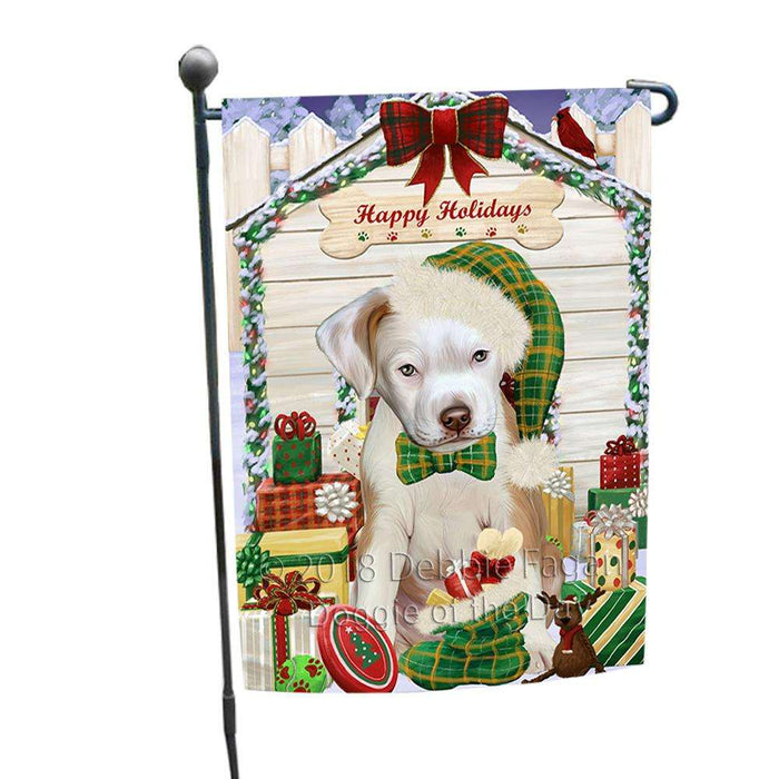 Happy Holidays Christmas Pit Bull Dog House With Presents Garden Flag GFLG52113