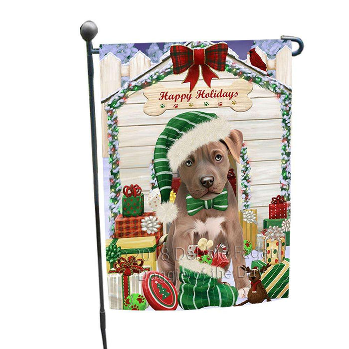 Happy Holidays Christmas Pit Bull Dog House With Presents Garden Flag GFLG52114