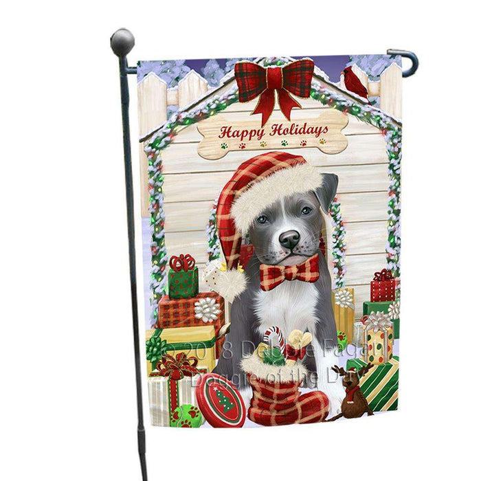 Happy Holidays Christmas Pit Bull Dog House With Presents Garden Flag GFLG52115