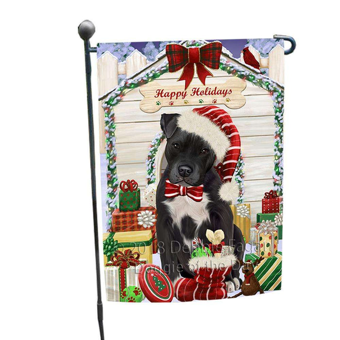 Happy Holidays Christmas Pit Bull Dog House With Presents Garden Flag GFLG52116