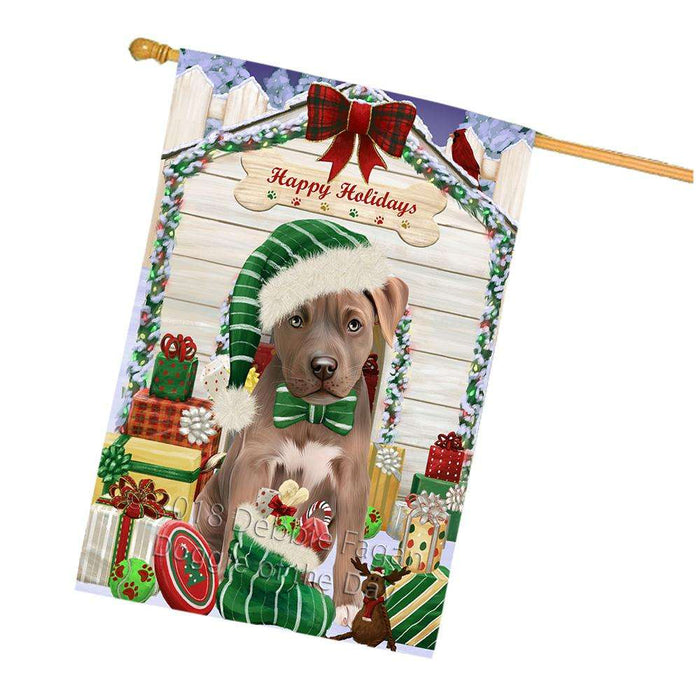 Happy Holidays Christmas Pit Bull Dog House With Presents House Flag FLG52250