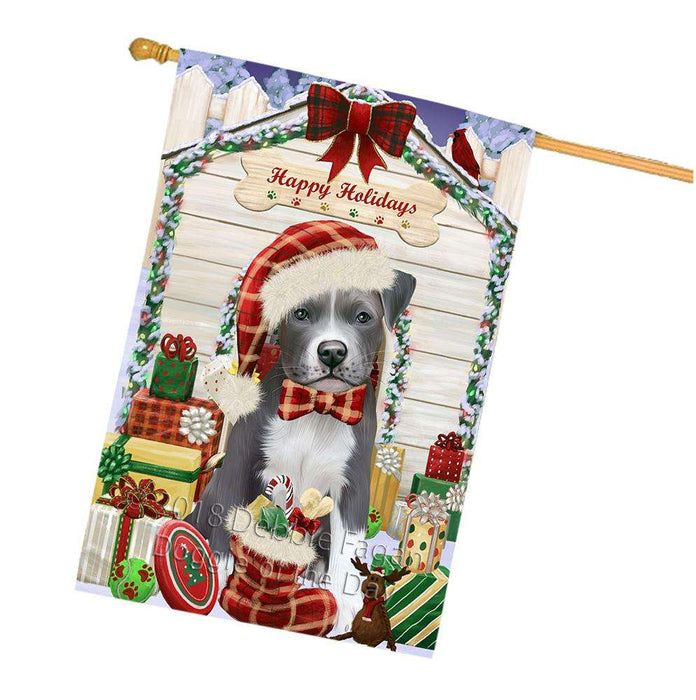 Happy Holidays Christmas Pit Bull Dog House With Presents House Flag FLG52251