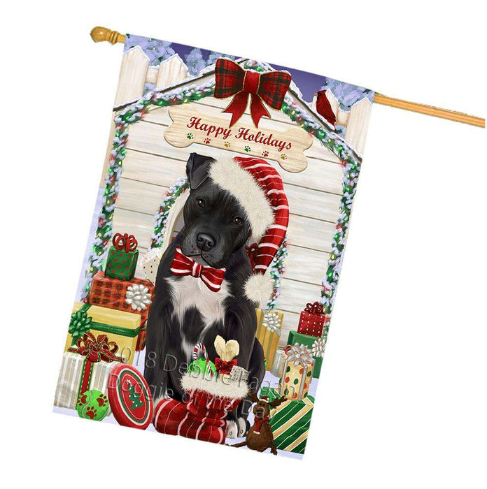 Happy Holidays Christmas Pit Bull Dog House With Presents House Flag FLG52252