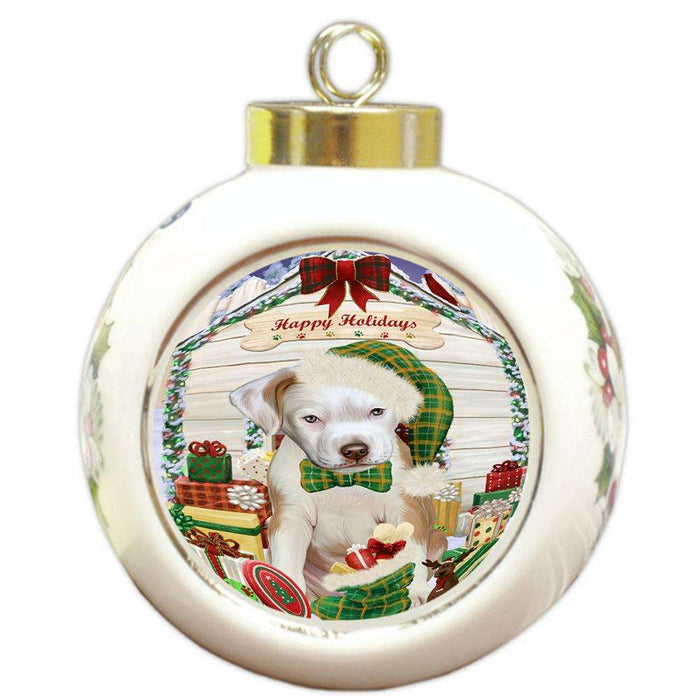 Happy Holidays Christmas Pit Bull Dog House With Presents Round Ball Christmas Ornament RBPOR52116
